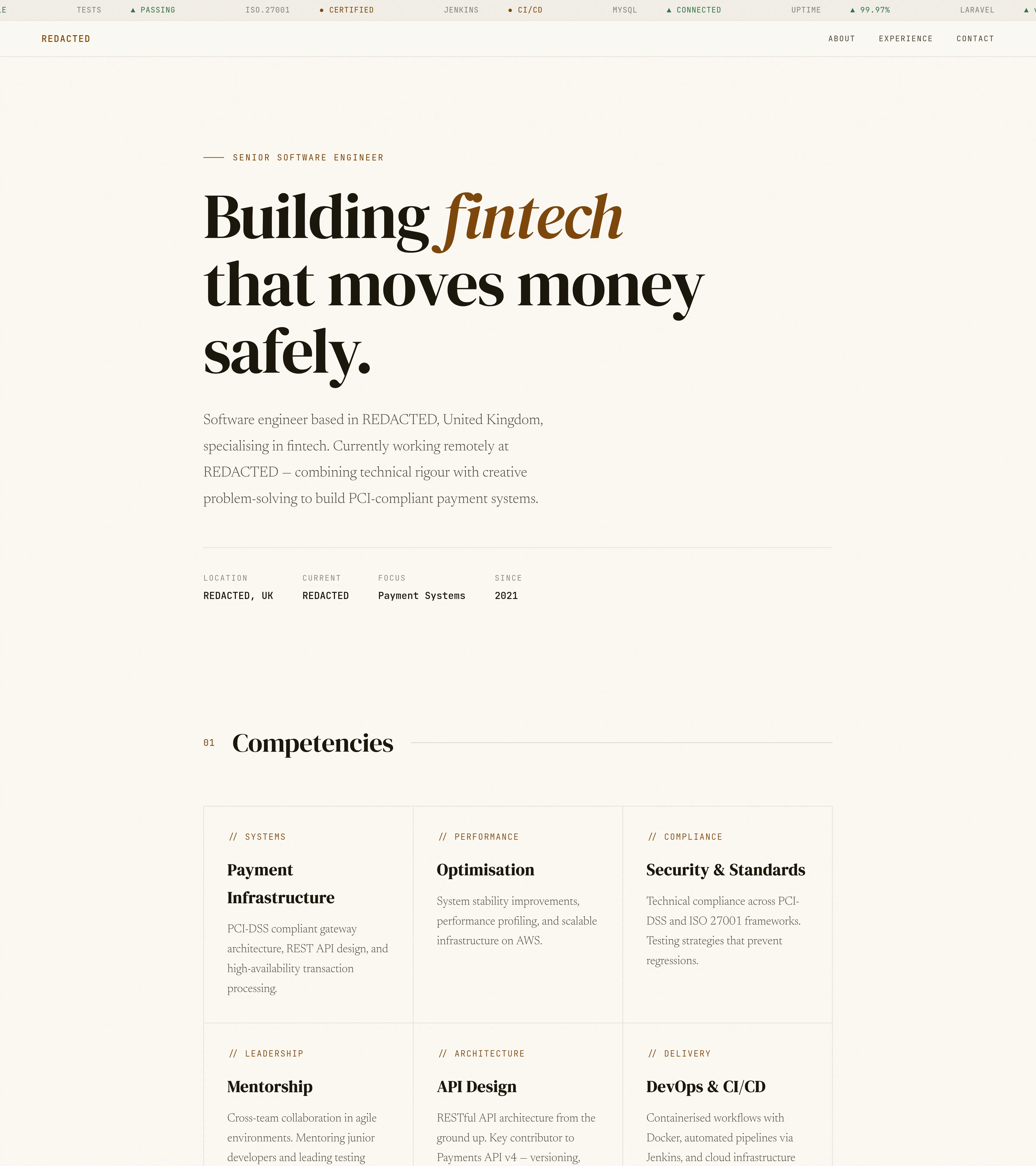 Fintech engineer portfolio site showing hero section, competency cards, and professional design
