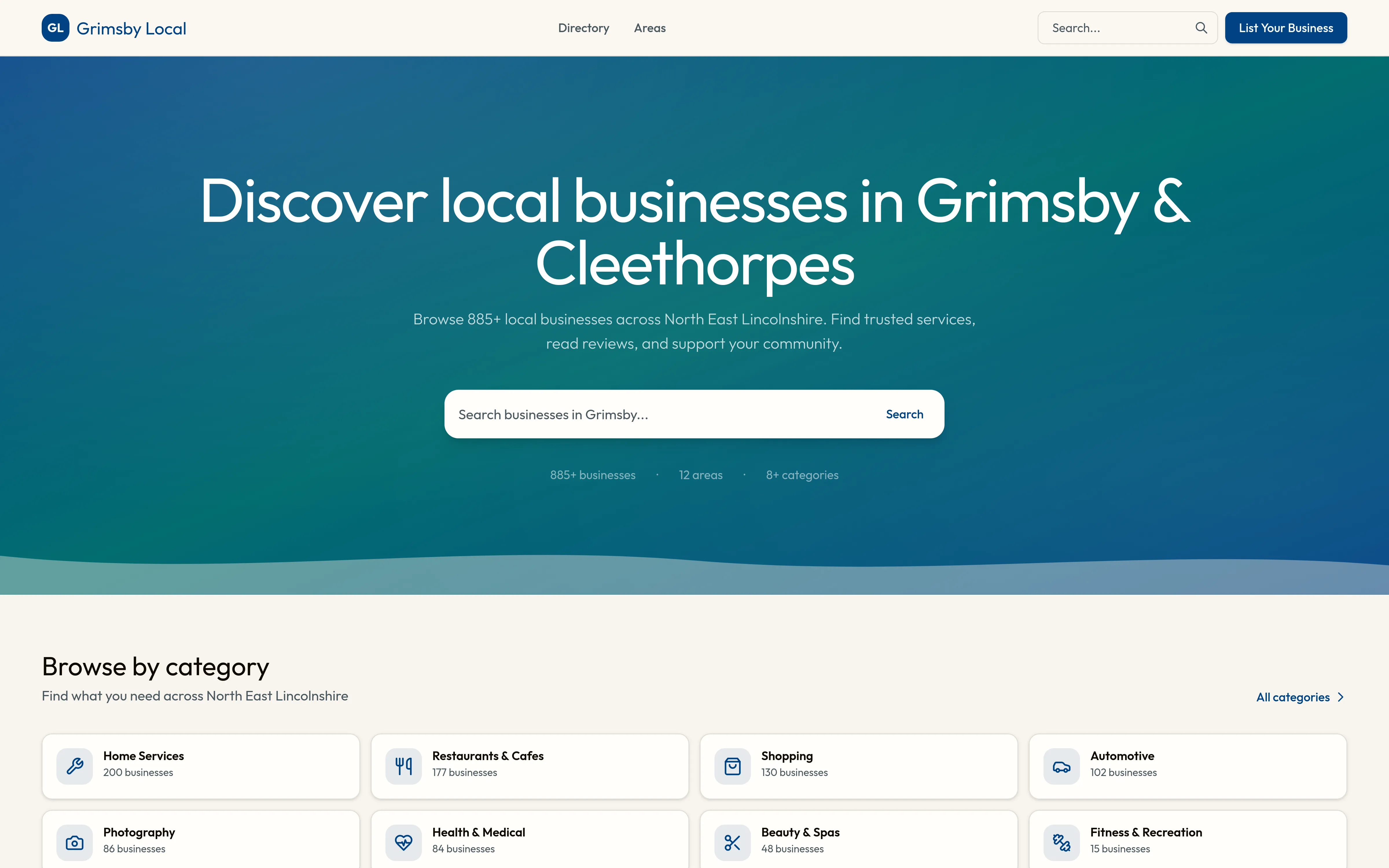 Grimsby Local homepage showing business directory with categories, search, and 885+ businesses across North East Lincolnshire