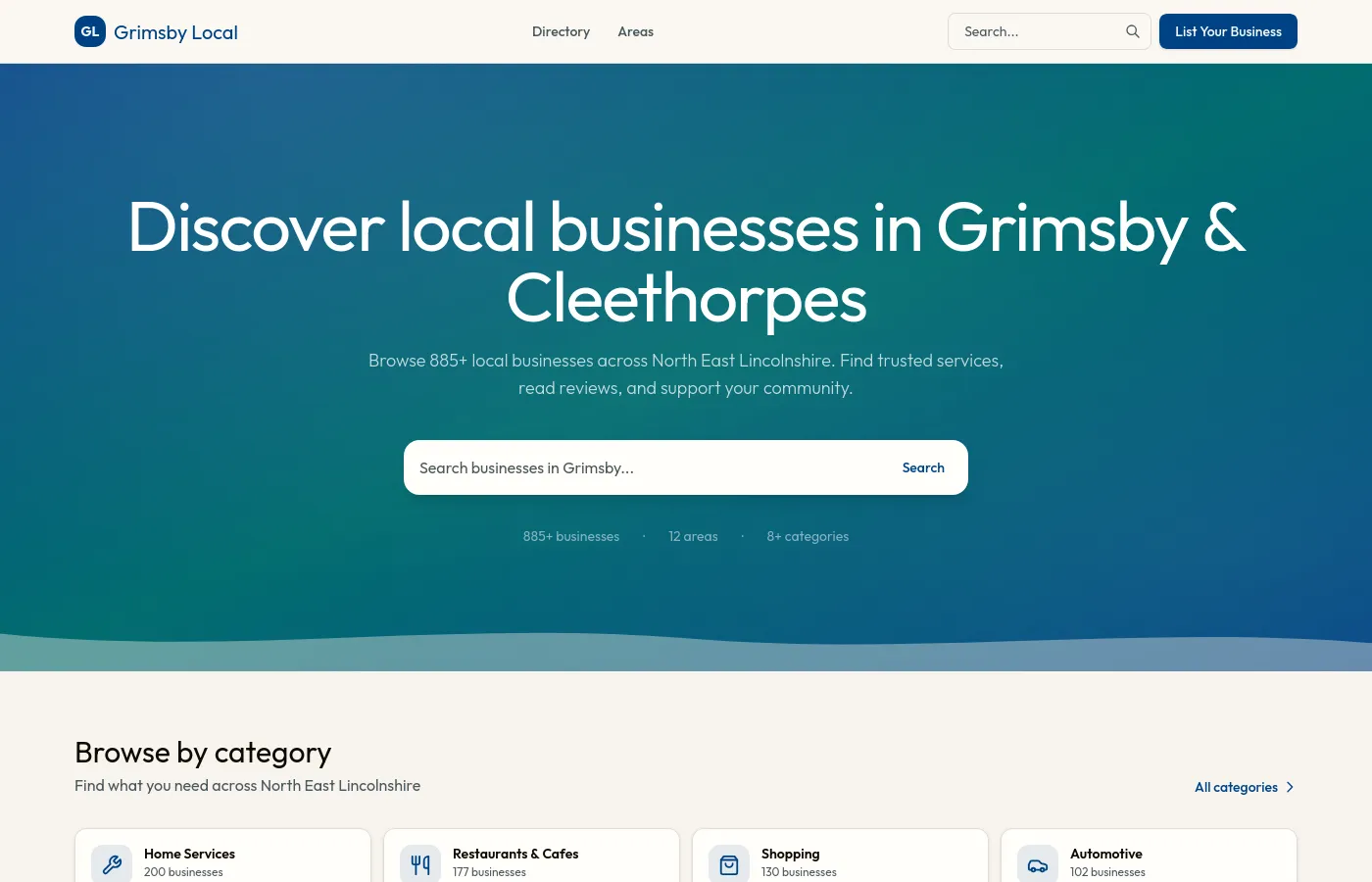 Grimsby Local homepage showing the business directory with search, categories, and 885+ listed businesses