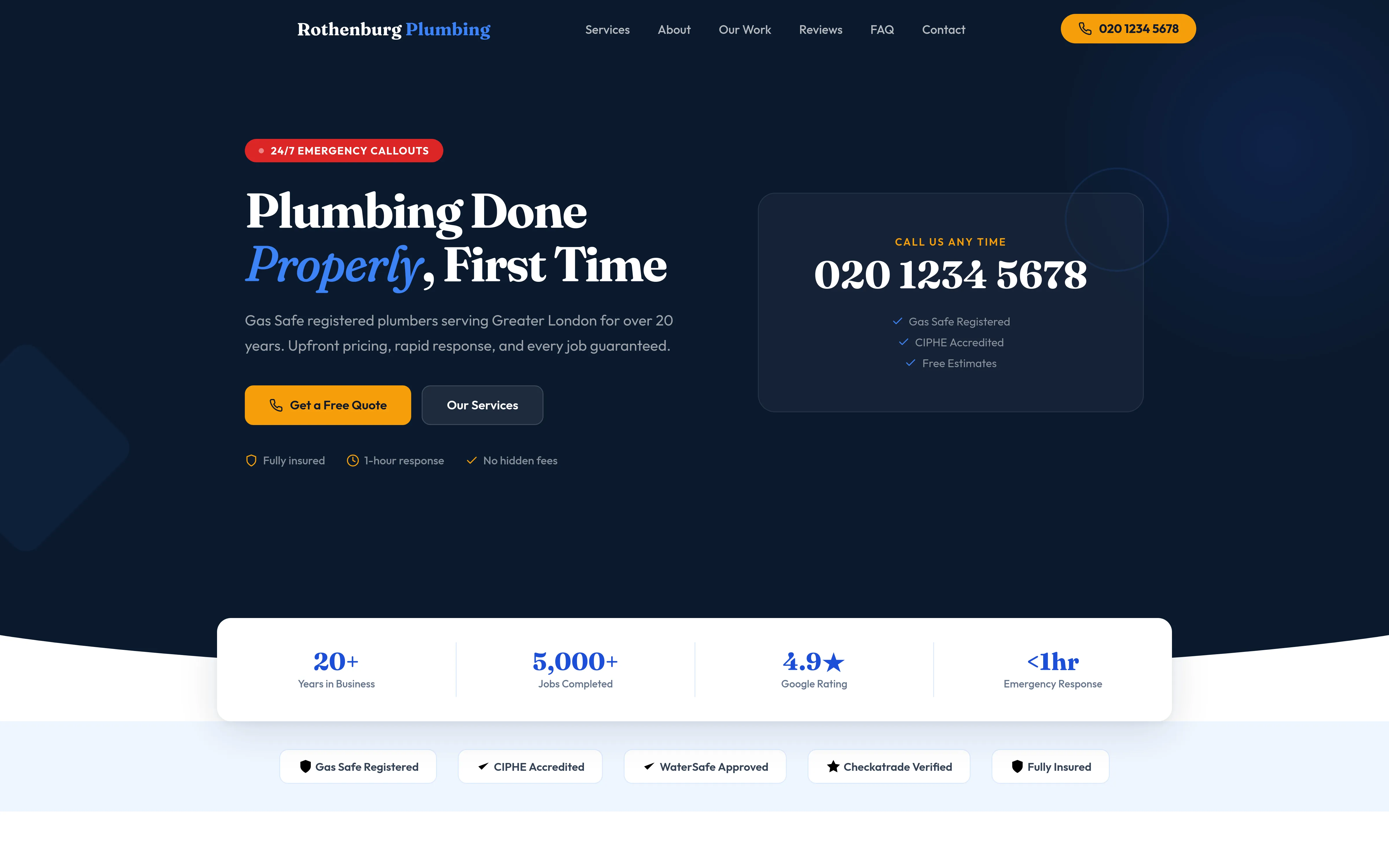 Plumbing company website showing hero with emergency callout badge, phone number, trust signals, and stats bar